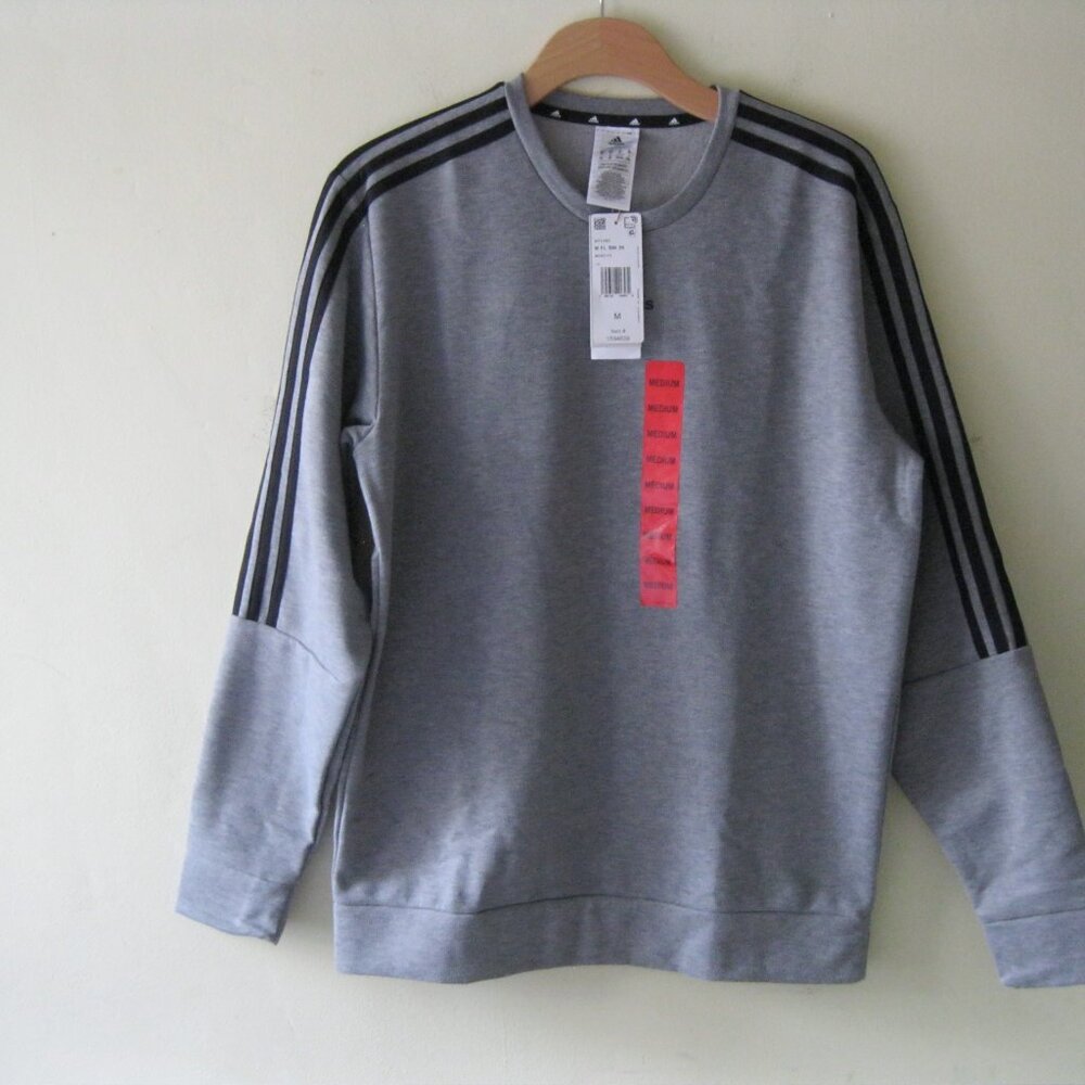 Adidas Men Long Sleeve 3 Stripe Fleece Crew Sweatshirt Pullover Gray Heather M L